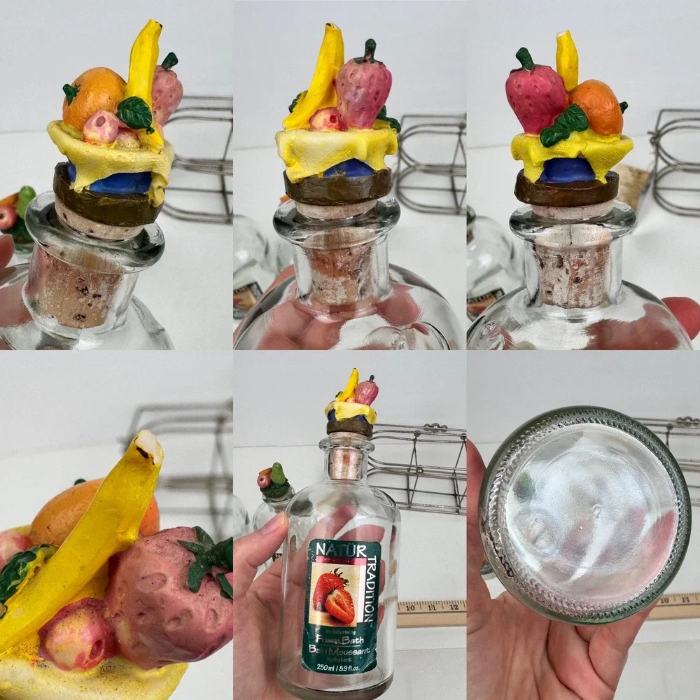 Vtg Natur 90s EMPTY Glass Bottles w Cork Fruit 3D Lid w Metal Carrier Foam Bath